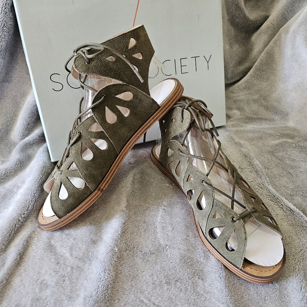 Sole Society Lylia Olive Gladiator Sandals Size 8.5 Cut Out Bohemian Cow Suede